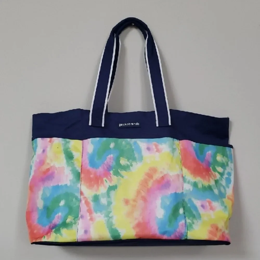 Gecko brands Tote Beach Bag Rainbow Tie Dye Navy Blue White Trim Oversized